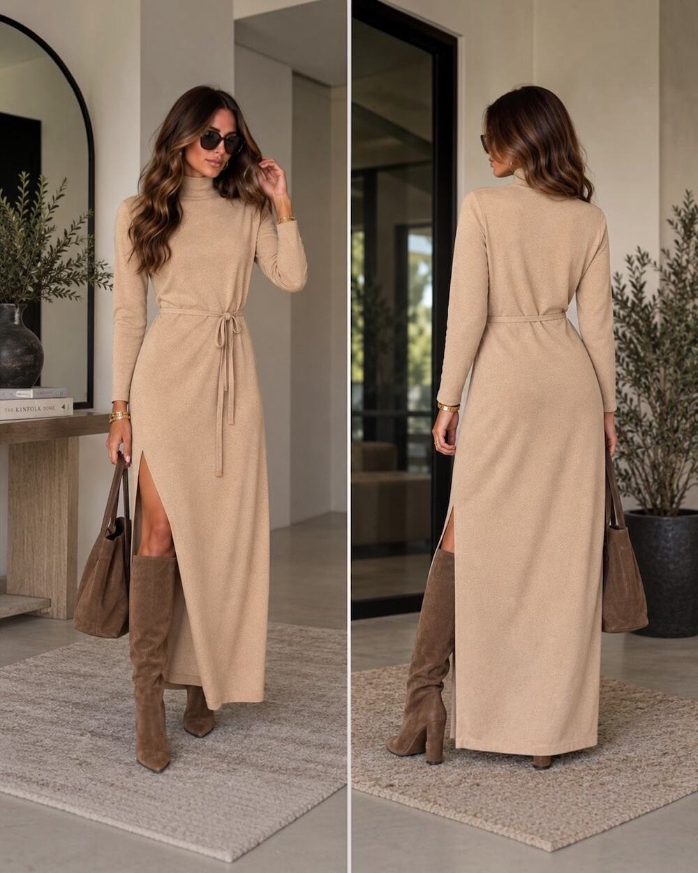 Vince Long Sleeve Mock Neck Belted Maxi Dress Small Camel Side Slit Like New